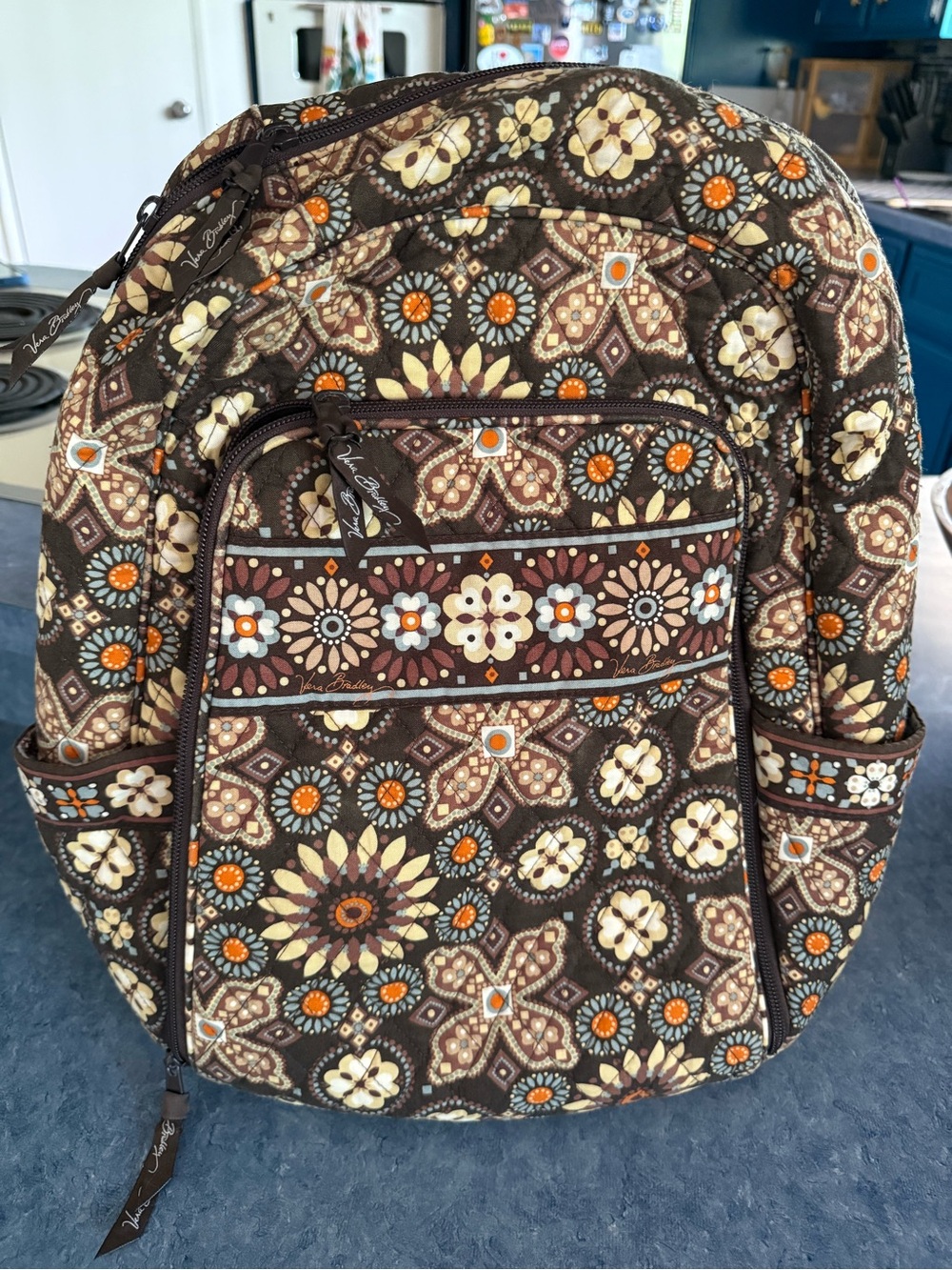 Vera Bradley “canyon” Brown Floral Quilted travel tech back with Orange Accents